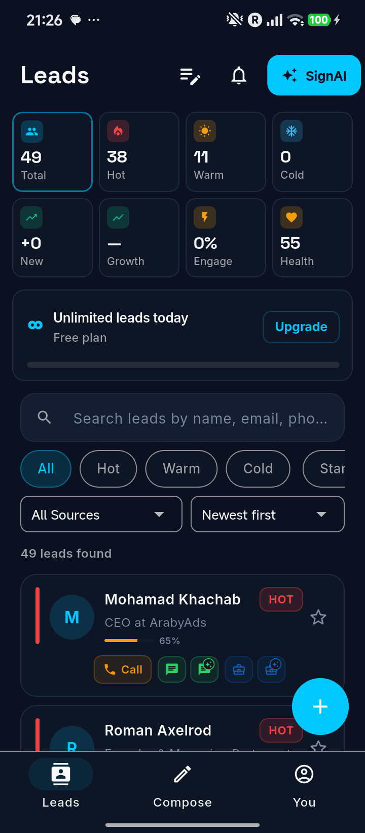 Leads screen